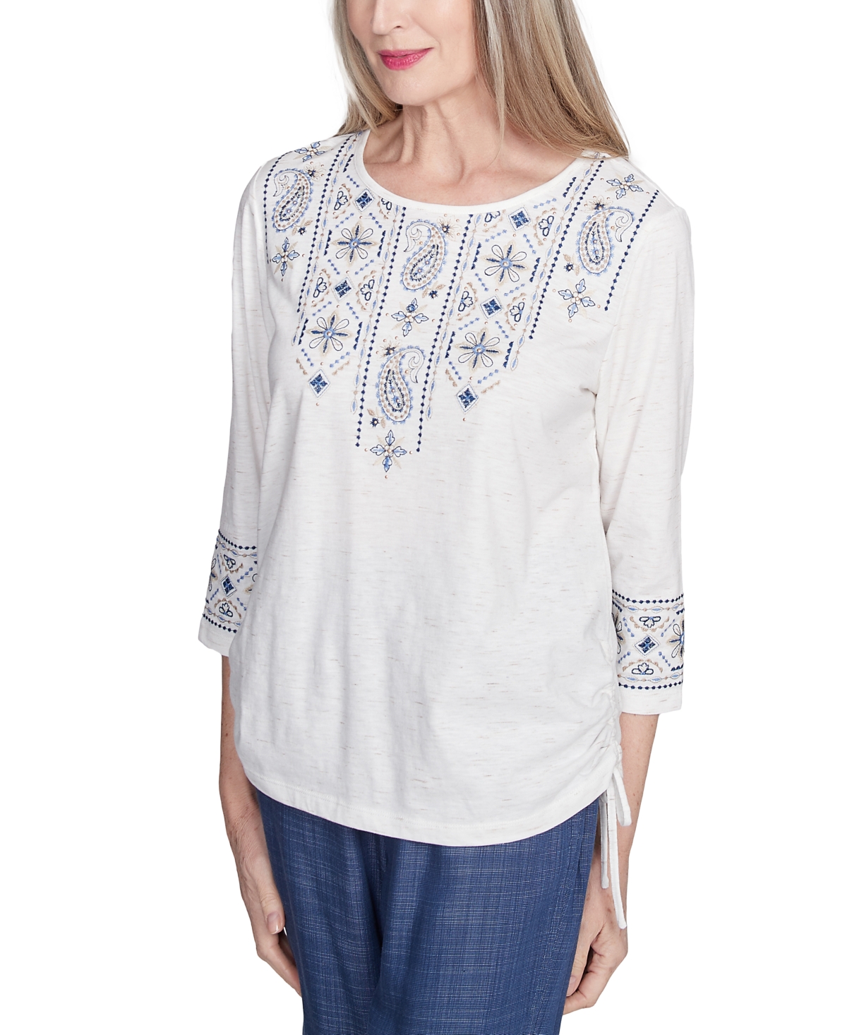 Alfred Dunner Plus Size Summer Solstice Linear Embroidered Tie Sleeve Top