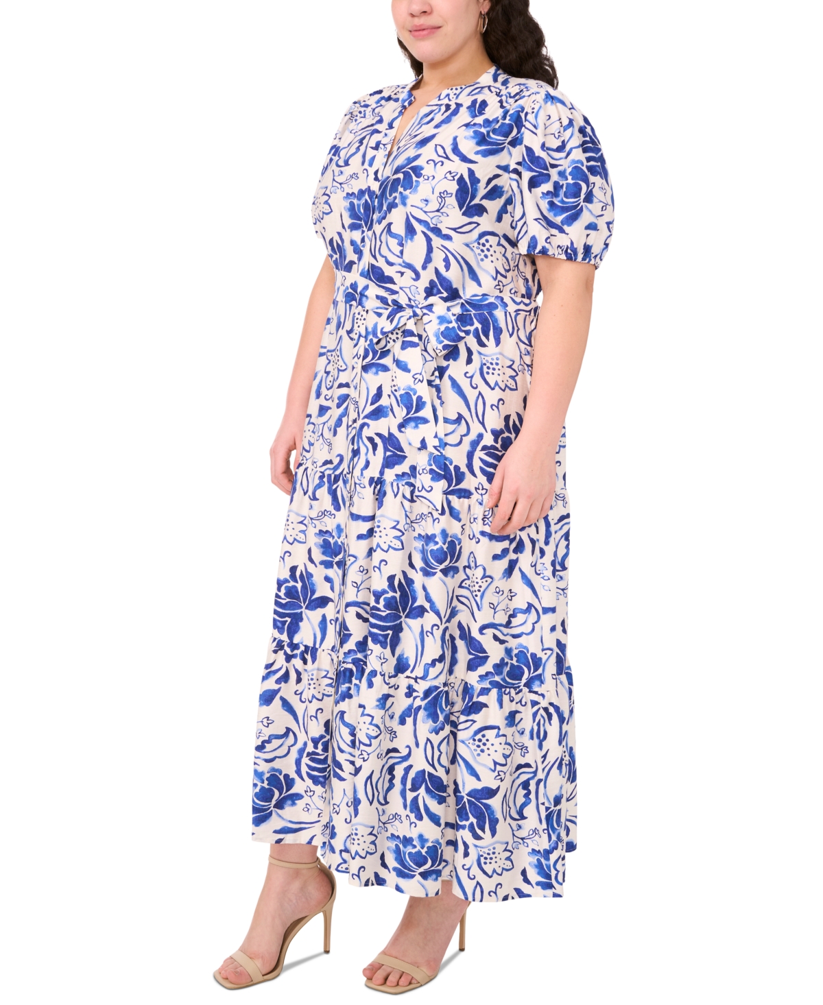 Msk Plus Size Puff-sleeve Button-front Lawn Maxi Dress