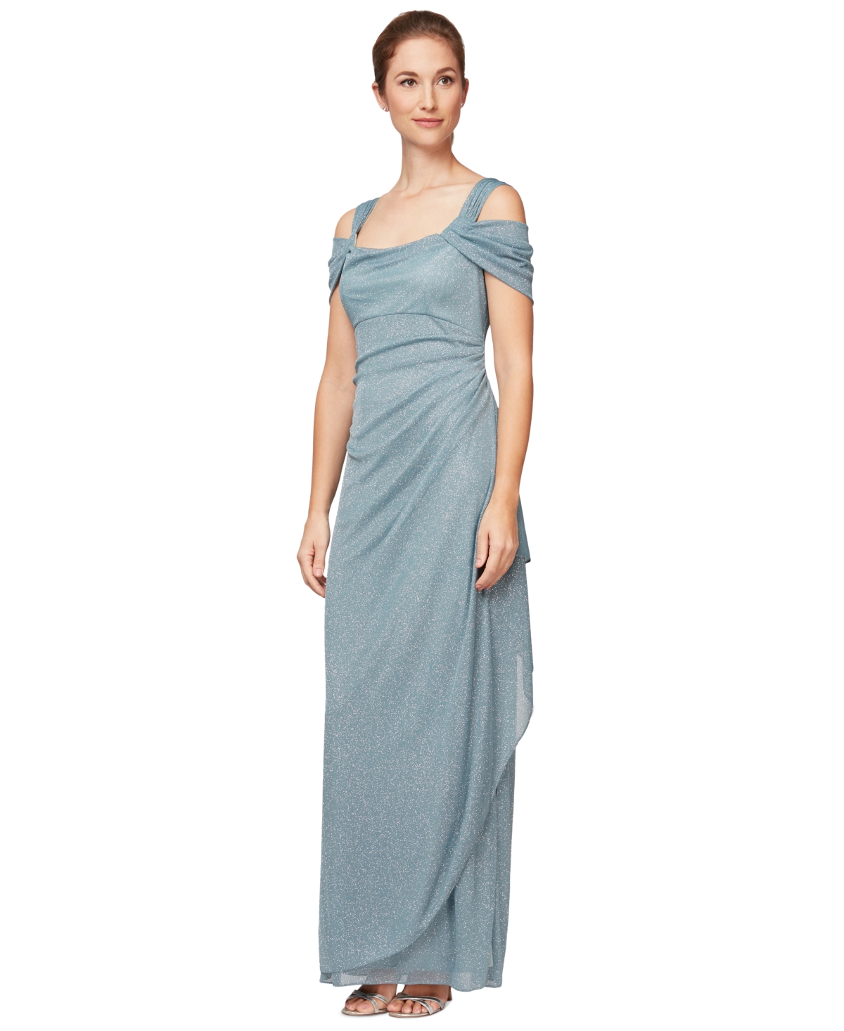 Alex Evenings Cold-shoulder Draped Metallic Gown