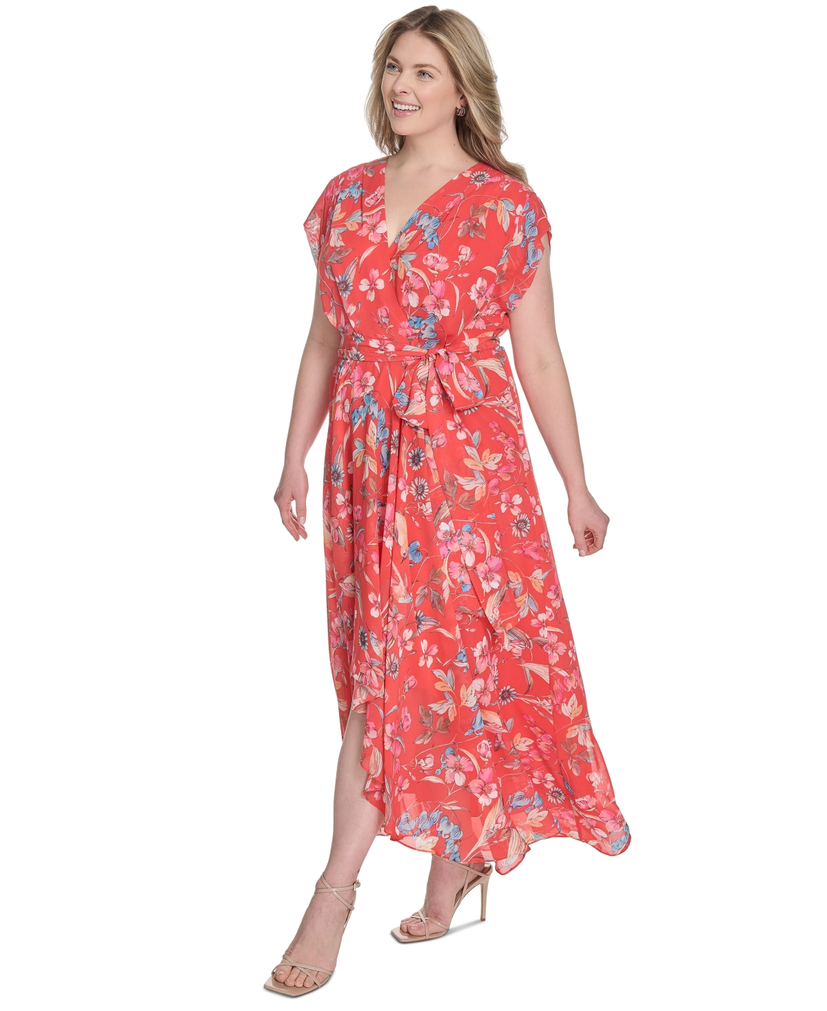 Plus Size Printed V-Neck Faux-Wrap Chiffon Dress - Red Multi