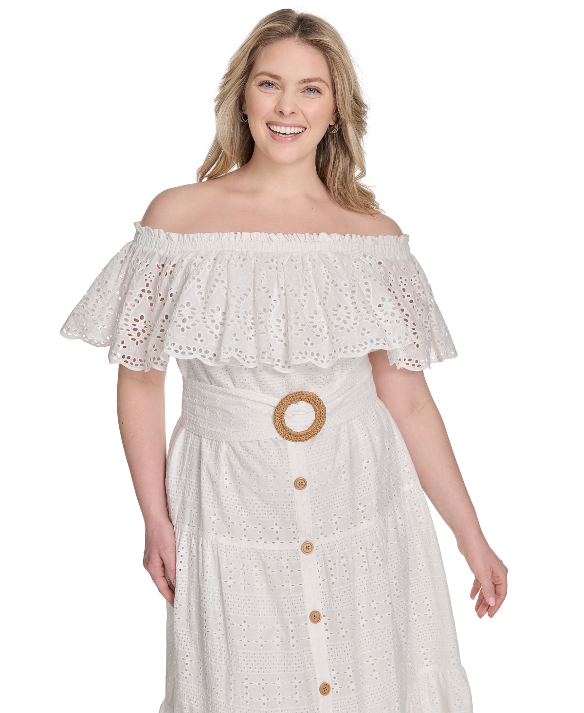 ELIZA J PLUS SIZE EYELET OFF-THE-SHOULDER BELTED MIDI DRESS 