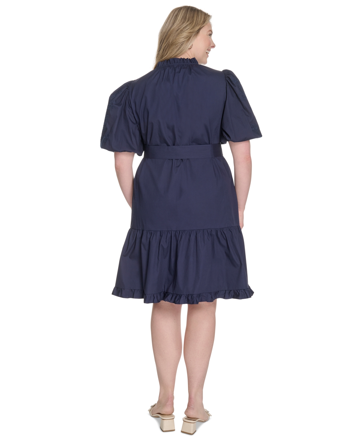 Vince Camuto Plus Size Cotton Puff-sleeve Tie-waist Dress In Blue