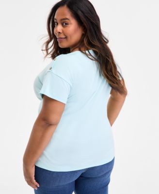 Plus Size Crewneck Button-Trim-Shoulder Cotton Top, Exclusively at Macy's 
