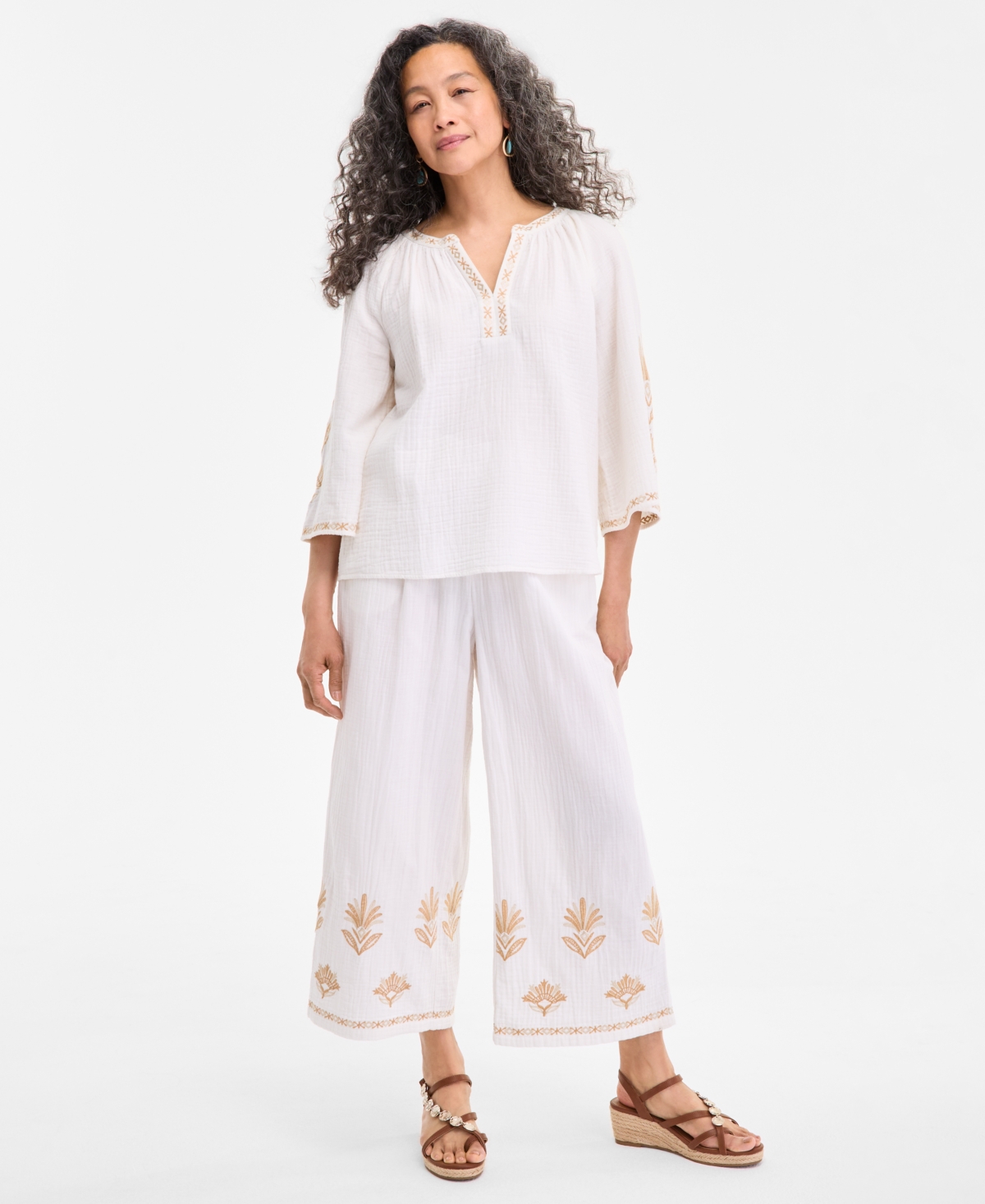 Style & Co Petite Cotton Embroidered Flare-sleeve Top, Exclusively At Macy's