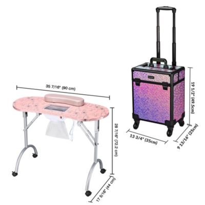 Manicure Table Nail Desk & Rolling Makeup Train Case Kit Mermaid Pink