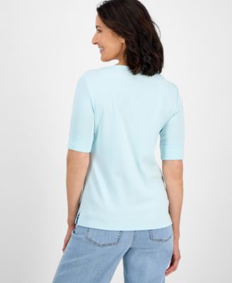 Petite Cotton Elbow-Sleeve Boat-Neck Top