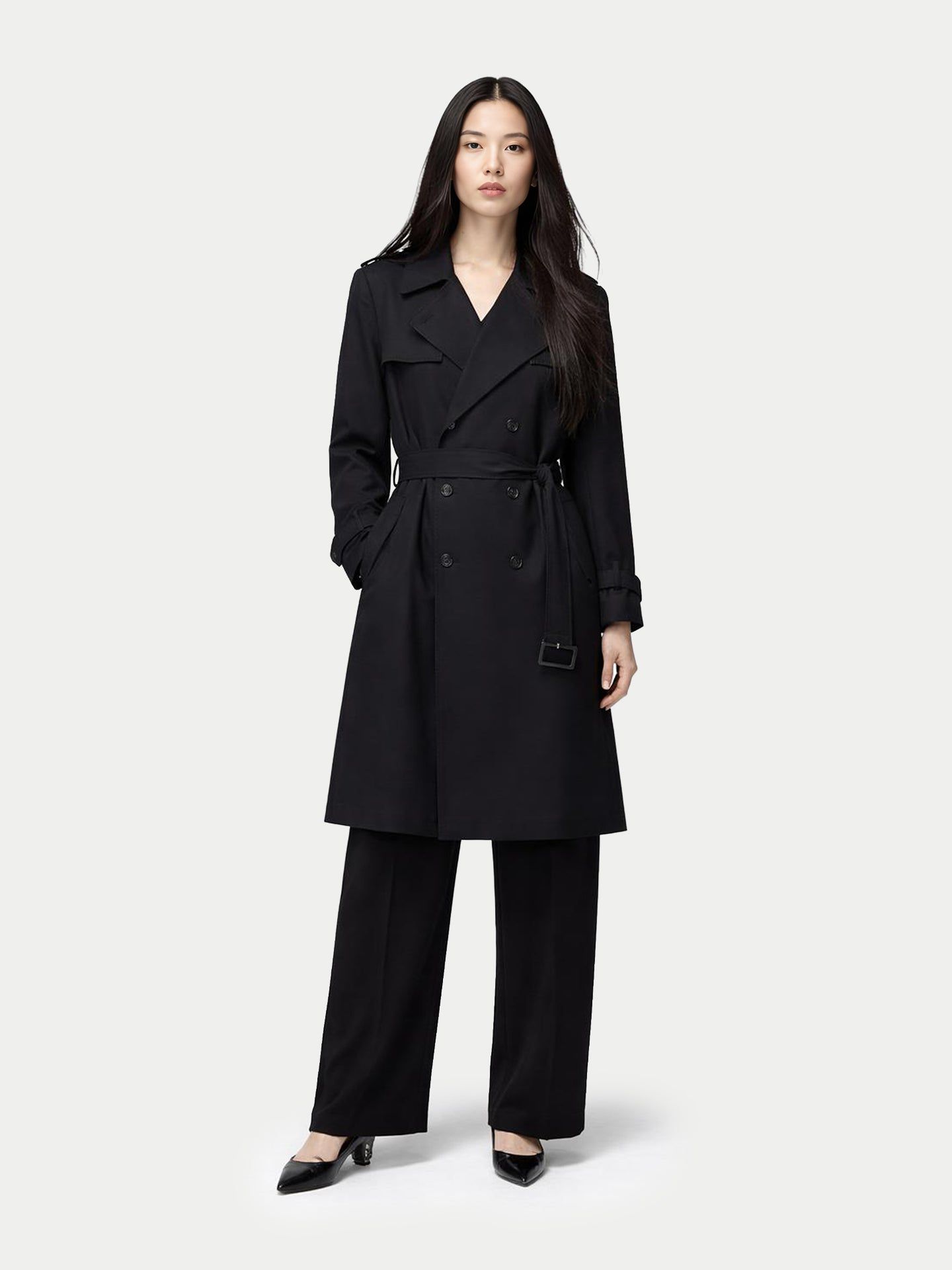 Женская куртка Gobi Cashmere Double Breasted Cashmere Trench Coat Black, цвет: Чёрный синий графитовый — фото 6