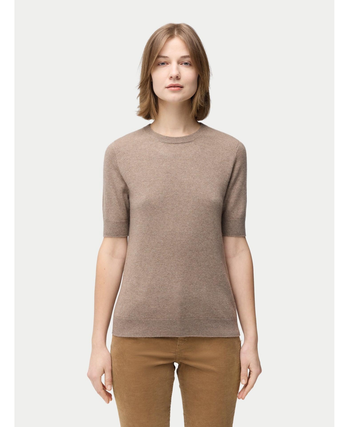 Women's Crew Neck Cashmere Top - Neutral-timber wolf