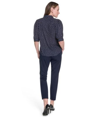 Women's Printed Point Collar Puff-Sleeve Blouse