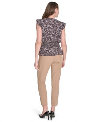 Women's Printed Smocked-Waist Flutter-Sleeve Blouse