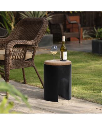 Outdoor Accent Side Table, 18'' Black with Natural Rattan Finish Cement Patio End Table, U-Shaped Base Plant Stand for Patio Backyard, Outdoor Furniture for Lawn Balcony Porch