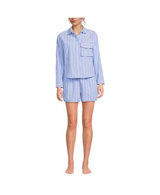 Women's Cotton Poplin 2 Piece Pajama Set - Long Sleeve Top and Shorts with Piping