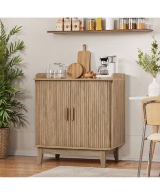 Mid-Century Modern Tambour-Style 2-Door 31.5-Inch Wide Cabinet with Tray Top, Oak