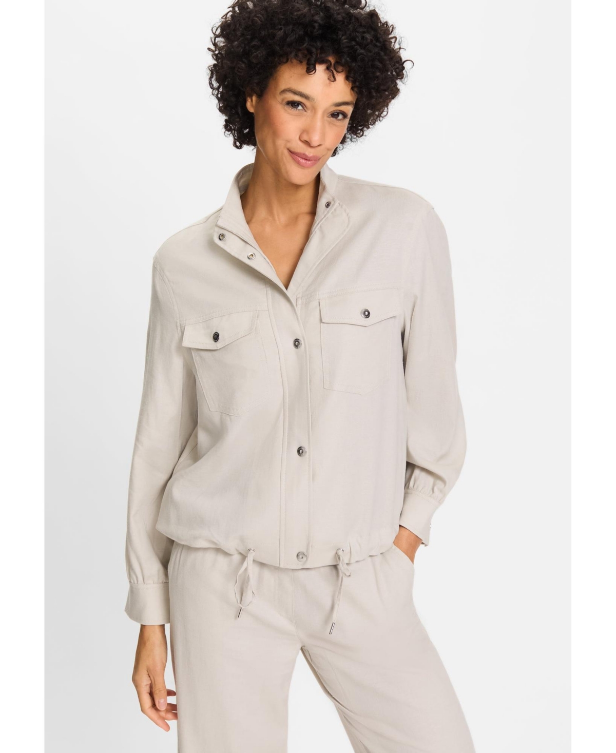 Women's Funnel Neck Linen Blend Jacket - Light stone