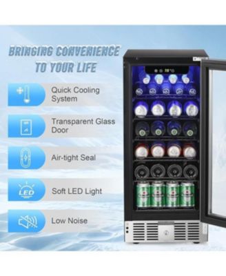 15" Beverage Refrigerator Cooler, 2.9 Cu.Ft Wine Fridge with Lock, Glass Door, Low Noise, Stainless Handle for Home, Office, Bar