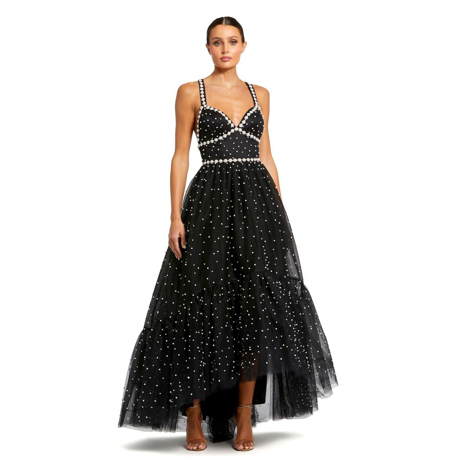 Женское платье Mac Duggal Pearl Beaded High Low Gown, цвет: Чёрная слоновая кость — фото 1