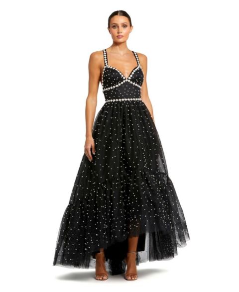 Женское платье Mac Duggal Pearl Beaded High Low Gown, цвет: Чёрная слоновая кость