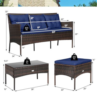 Set of 3 3-Seat Sofa Cushioned Table Rattan Furniture Set Garden Patio