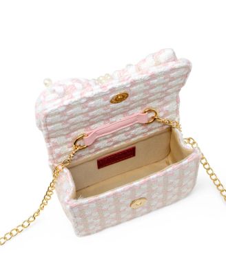 Girls Tweed Jumbo Pearl Bow Handbag, Pink