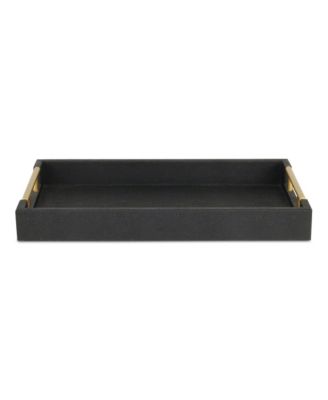 Wood and Vinyl Faux Shagreen Serving Tray with Handles for Dining and Decor
