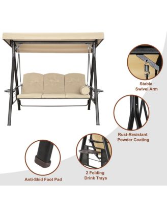 Steel 3 Person Patio Swing Chair Swinging Outdoor Chair with Removable Mat, Cushion and Convertible Canopy, Navy Blue