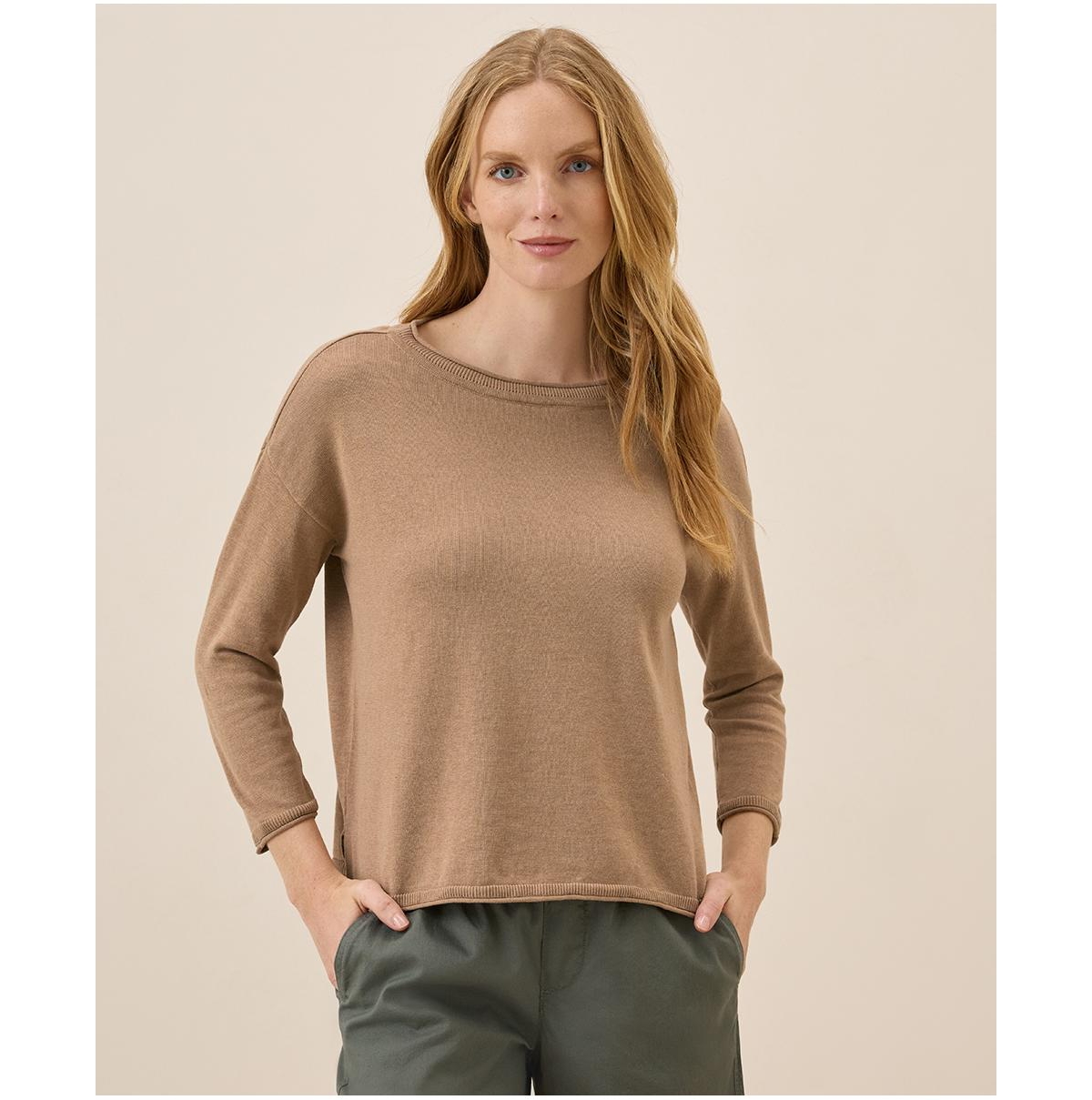 Women's Organic Cotton Classic Fine Knit Wide Neck Sweater - Sandshell heather