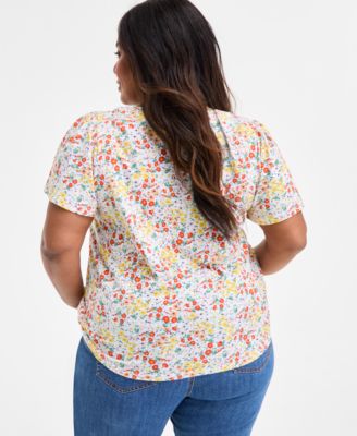 Plus Size Printed Square-Neck Short-Sleeve Top, Exclusively at Macy's 