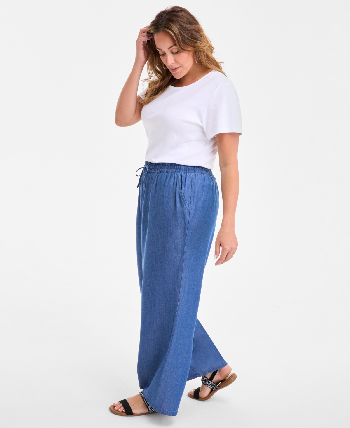 STYLE & CO PLUS SIZE CHAMBRAY DRAWSTRING HIGH-RISE WIDE-LEG PANTS, EXCLUSIVELY AT MACY'S 