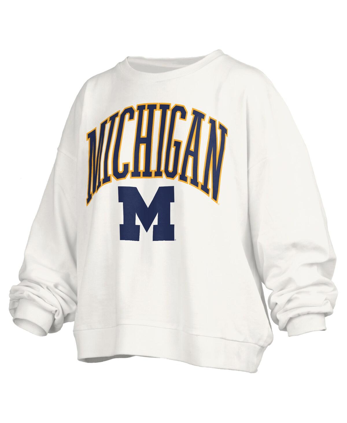 PRESSBOX WOMEN'S WHITE MICHIGAN WOLVERINES JANISE ARCH OVER LOGO WAIST LENGTH OVERSIZED PULLOVER SWEATSHIRT 