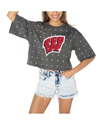 Women's Gray Wisconsin Badgers Go Time Rhinestone Crop T-Shirt