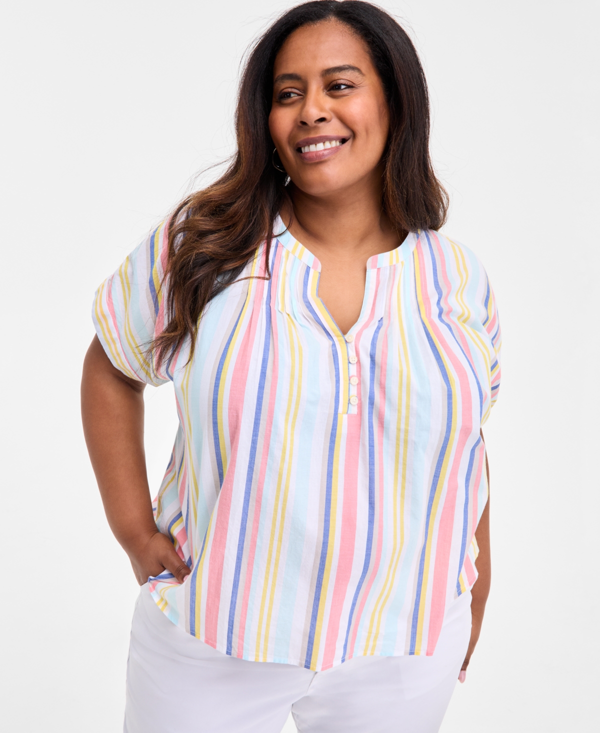 Plus Size Printed Short-Sleeve Blouse, Exclusively at Macy's - Camp Stripe White