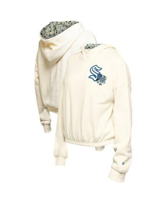 New Era - Women's Cream Seattle Kraken Glam Game Quarter-Zip Cropped Floral Pullover Hoodie