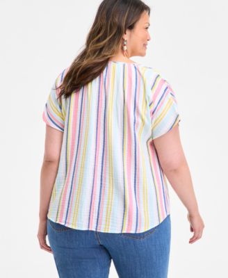 Plus Size Printed Tie-Neck Short-Sleeve Shirt, Exclusively at Macy's 