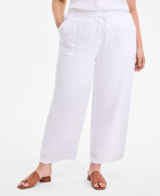 Plus Size Cotton Gauze Drawstring Mid-Rise Wide-Leg Pants, Exclusively at Macy's