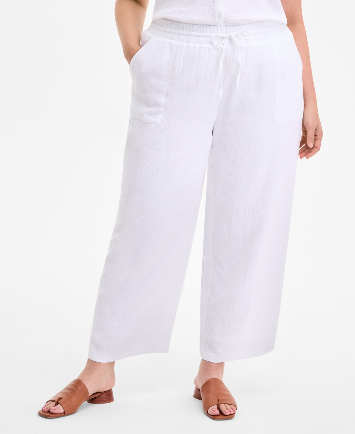 STYLE & CO PLUS SIZE COTTON GAUZE DRAWSTRING MID-RISE WIDE-LEG PANTS, EXCLUSIVELY AT MACY'S 