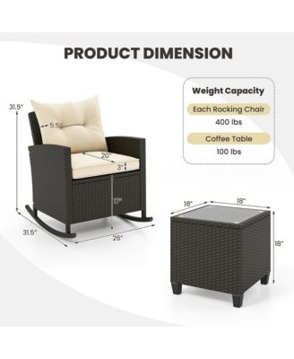 3 Piece Outdoor Rocking Set Rattan Rocking Chair Set w/ Tempered Glass Table Seat