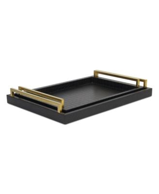 Set of Two Wood Serving Trays with Faux Croc Texture and Handles