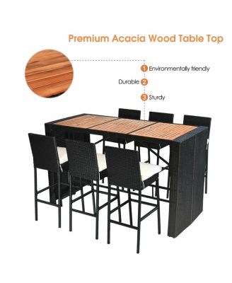 7 PCS Patio Rattan Wicker Bar Dining Furniture Set wood Table Top 6 Stools