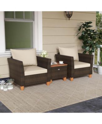 3PCS Patio Rattan Bistro Furniture Set Wood Table Top Cushion Sofa