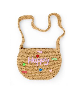 Girls Wicker Crossbody Message Charm Tote, Hot Pink "Love"