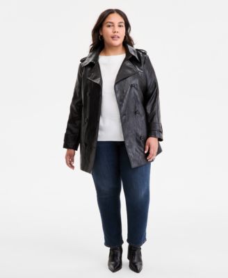 Plus Size Double-Breasted Faux-Leather Belted Trench Coat