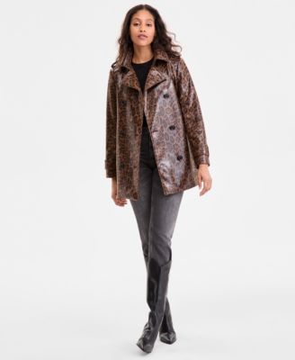 BCBGMAXAZRIA Women's Double-Breasted Faux-Leather Belted Trench Coat