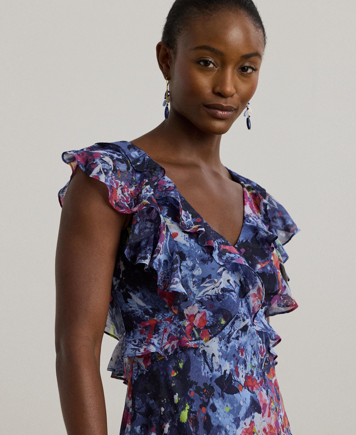 Ralph Lauren Petite Print Ruffle-trim Georgette Midi Dress In Blue