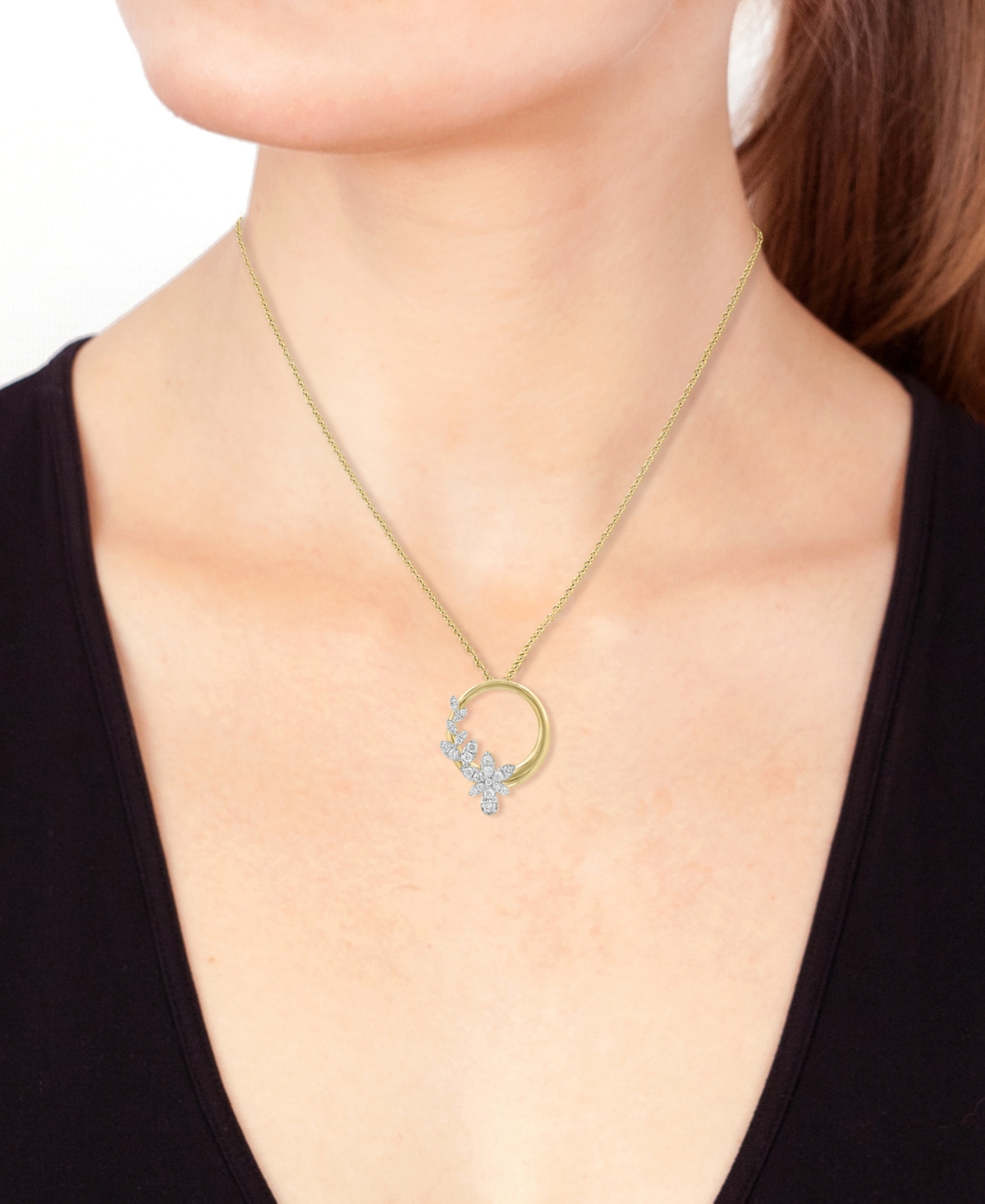 Effy Collection Effy Diamond Vine & Polished Circle Pendant Necklace (1/3 Ct. T.w.) In 14k Gold