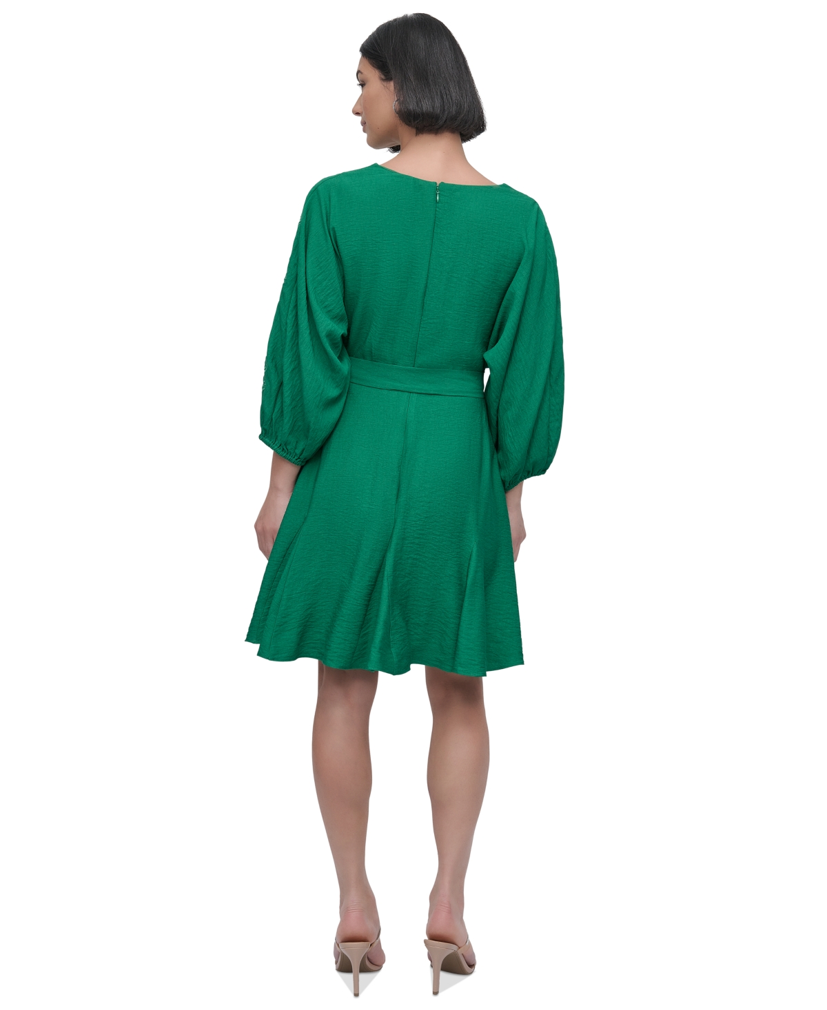 DKNY PETITE FAUX-WRAP EMBROIDERED-SLEEVE FIT & FLARE DRESS 
