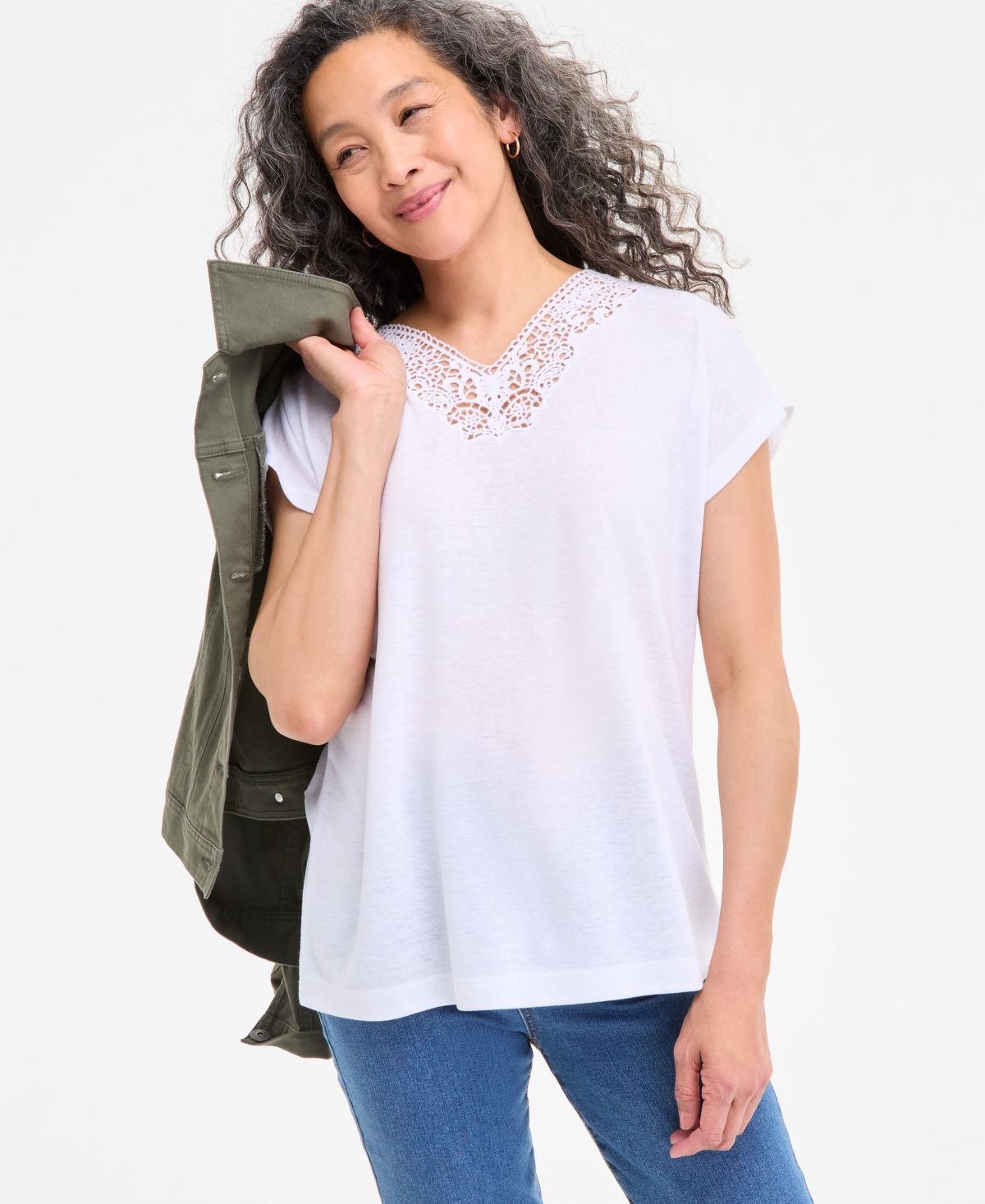 Women's Lace-Trim V-Neck Short-Sleeve T-Shirt, Exclusively at Macy's - Blushing