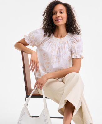 売れ筋商品|||スタイルアンドコー カットソー トップス レディース Women's Cotton Contrast-Stitch Puff-Sleeve Top, Exclusively at Macy's Summer Blue Style & Co Women's Cotton Printed Contrast-Stitch Puff