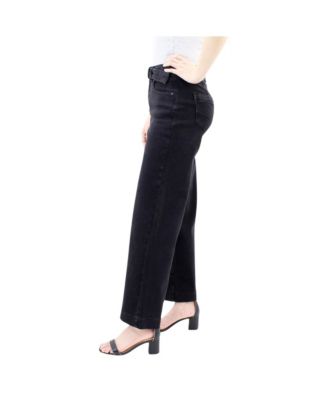 Women's Two Botton Tummy Control Wide Leg Black Jeans with Belt