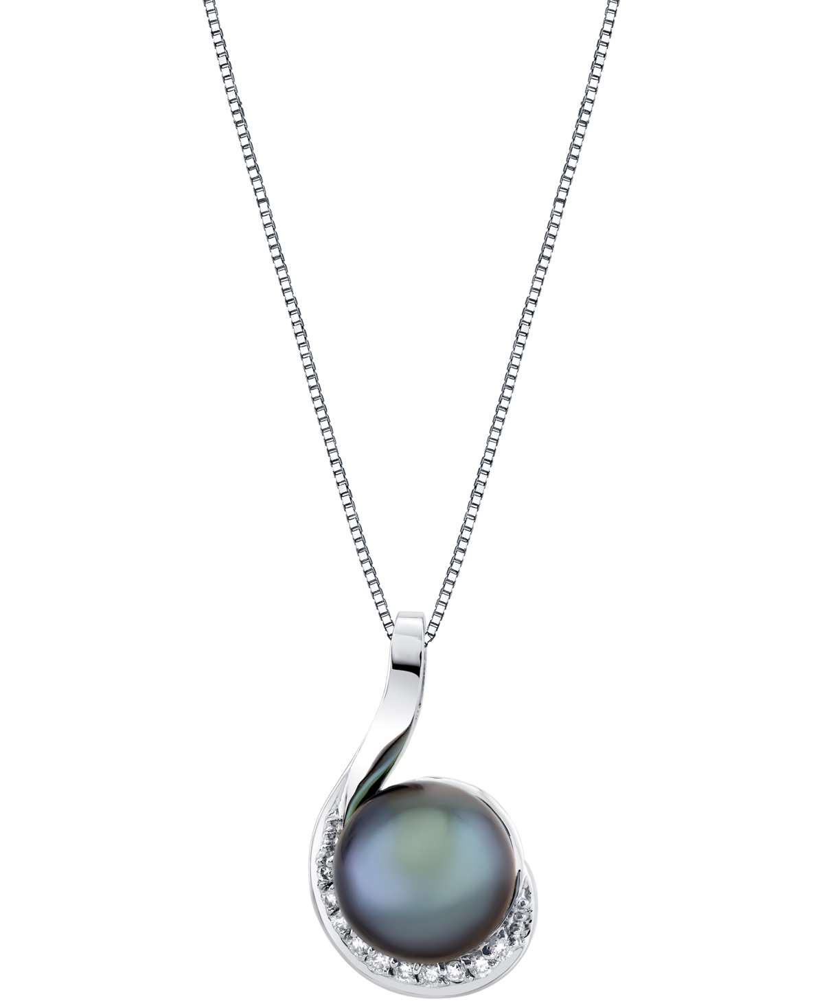 Cultured Tahitian Pearl (10mm) & Diamond Accent Swirl 18" Pendant Necklace in 14k White Gold - White Gold