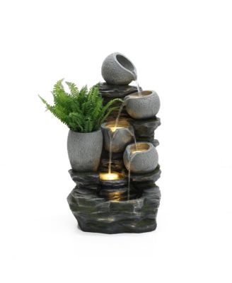 3-Tier Gray Pots on Stacked Rocks 2.5-Feet Tall Outdoor Polyresin Fountain with Lights and Gray Side Planter
